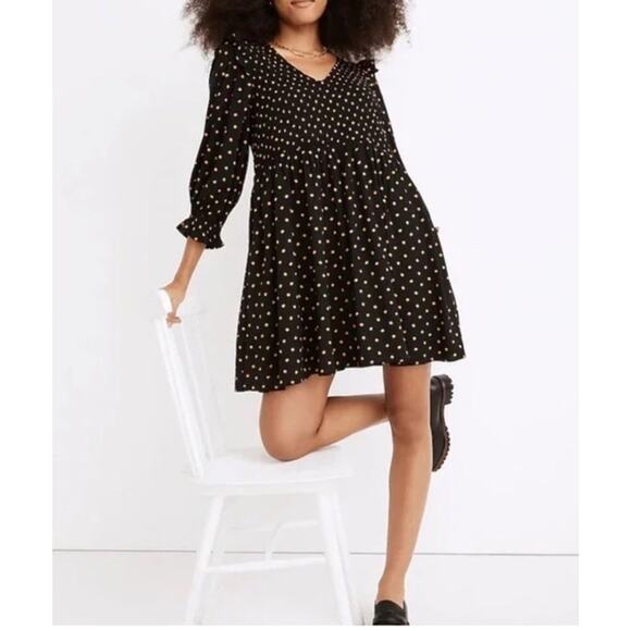 Madewell Dresses & Skirts - Madewell Women’s Lucie- SZ XS -V-Neck Smocked 3/4 Sleeve Polka Dot Mini Dress